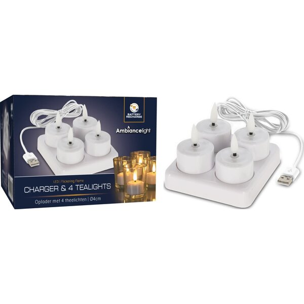 Theelicht LED met oplader set 4 stuks