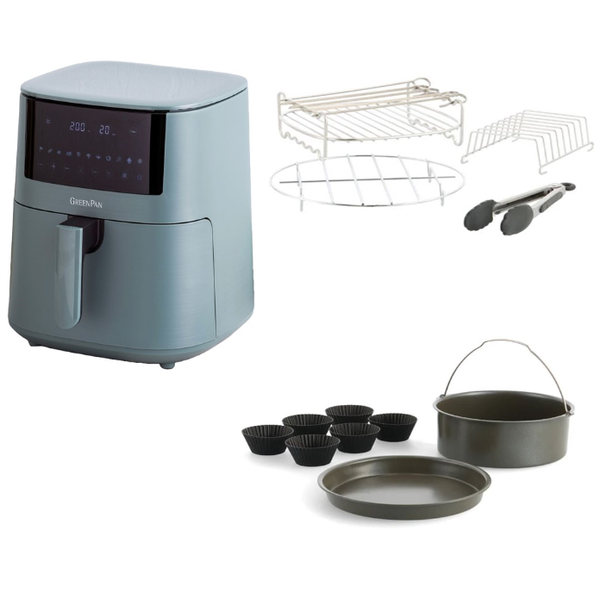 Greenpan AirFryer Smokey blue XL 1 Basket Bistro 7,2 L + 8 delige bakset + 4 delige grillset.