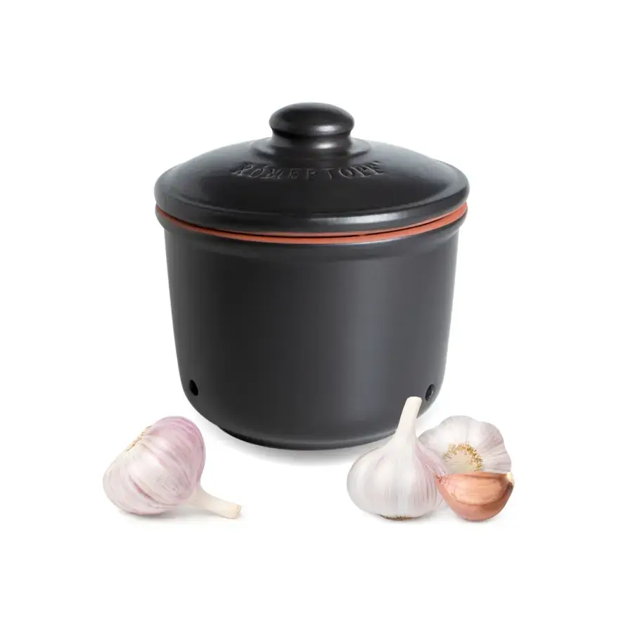 Voorraadpot knoflook zwart Römertopf — Bewaar knoflook op een natuurlijke en stijlvolle manier met deze zwarte aardewerken voorr…