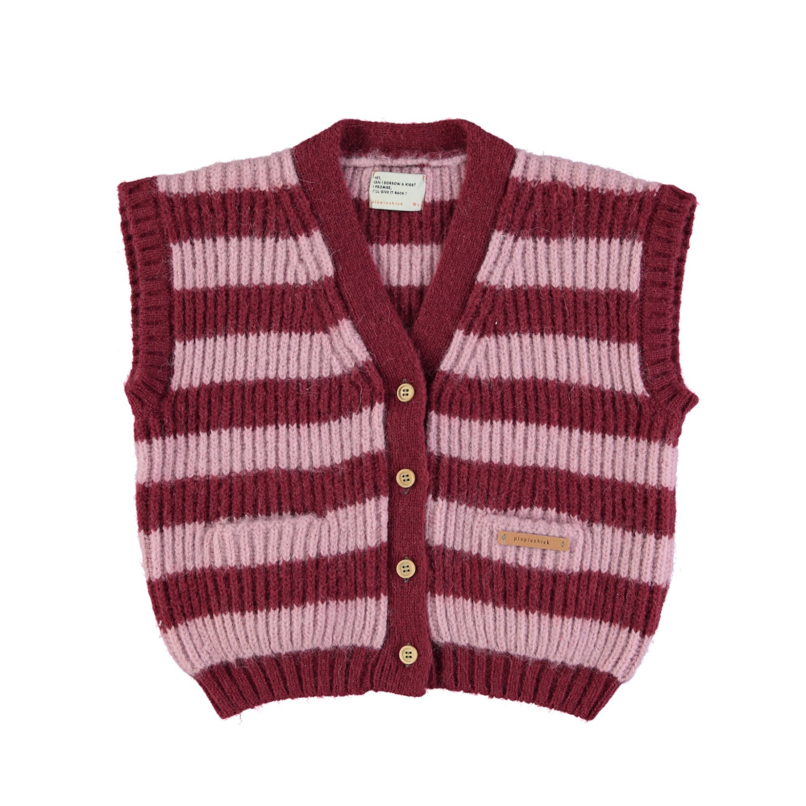 Piupiuchick Knitted waistcoat | Pink & strawberry stripes