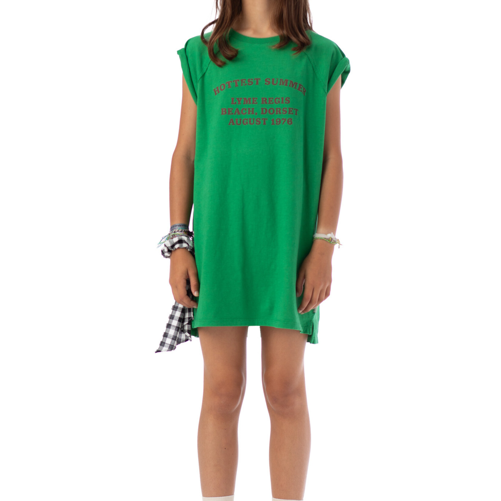 Piupiuchick t-shirt dress | green w/ "hottest summer" print