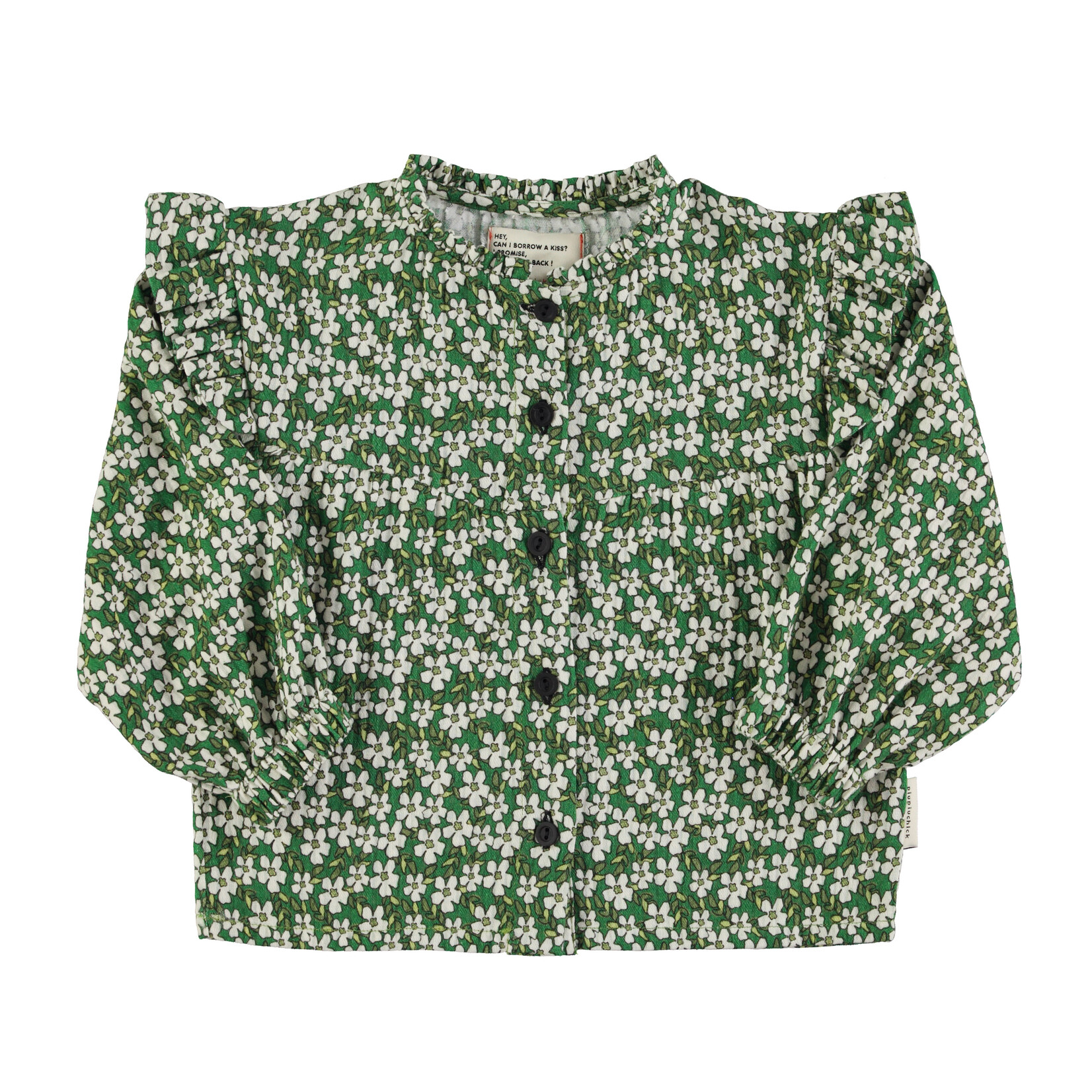 Piupiuchick Blouse w/ frills on shoulders | Green flowers