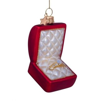 Glazen kerst decoratie rood mat trouwring doosje met diamant H9cm