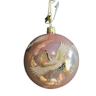 Glazen kerstbal glanzend roze met kraanvogels H8cm