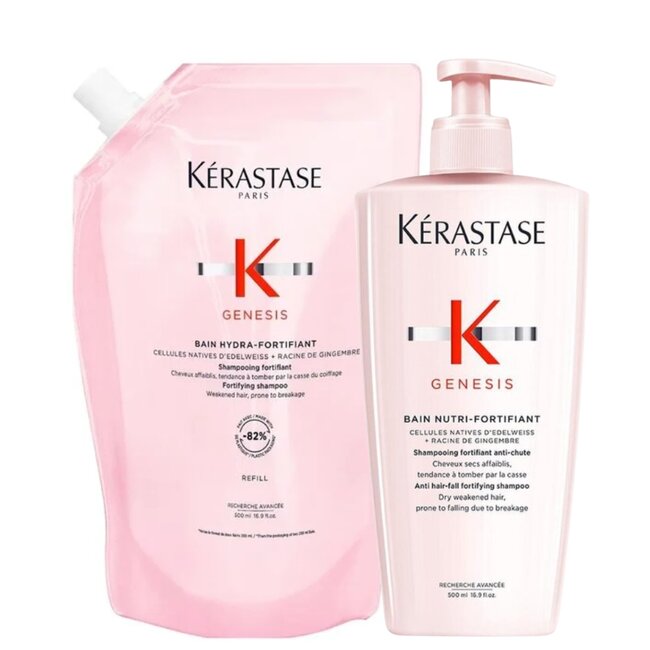 Kérastase CombiDeal - Genesis - Bain (Shampooing) Hydra-Fortifant 500 ML & Bain Hydra-Fortifant Refill 500 ML | pour cheveux clairsemés