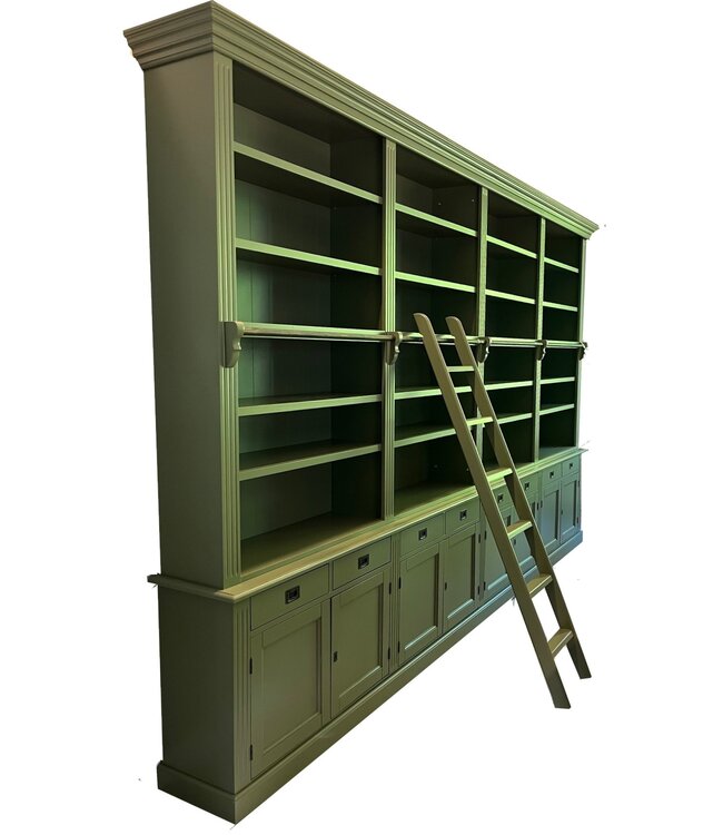 Boekenkast XXXL rietgroen met trap Reeuwijk 400 x 260cm
