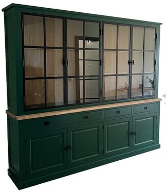 Kasten van de Koning Buffetkast Soest pijnboomgroen met stalen deuren en eiken interieur en lijst 250cm