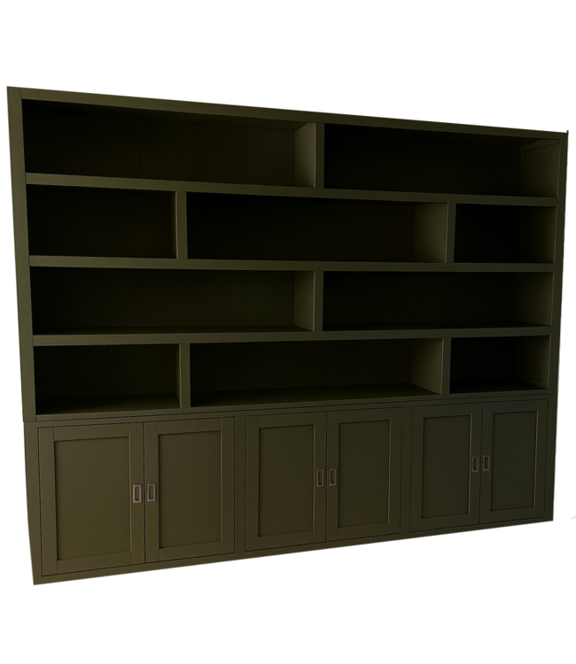 Vakkenkast legergroen  ongelijke vakken 300 x 240cm
