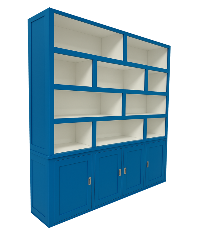 Lichtblauwe design vakkenkast ongelijke vakken 200 x 240cm