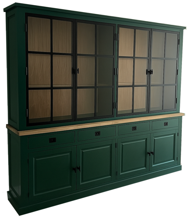 Buffetkast Soest pijnboomgroen met stalen deuren en eiken interieur en lijst 250cm
