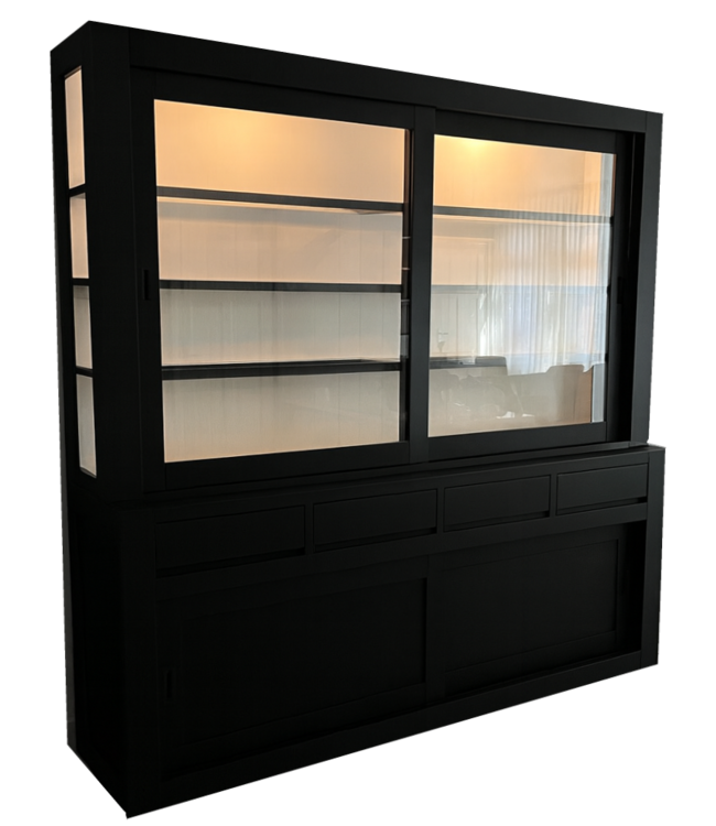 Zwarte strakke buffetkast Petten 220cm led verlichting