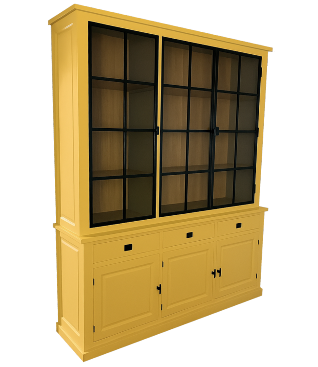 Buffetkast Soest signaalgeel met stalen deuren en eiken interieur 200 x 240cm