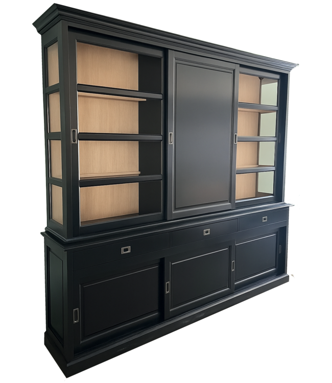 Buffetkast zwart Deurne 260 x 240cm dichte middendeur en eiken lijsten en interieur