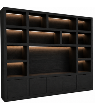 Kasten van de Koning Boeken - tv kast ongelijke vakken zwart 300 x 240cm verlichting