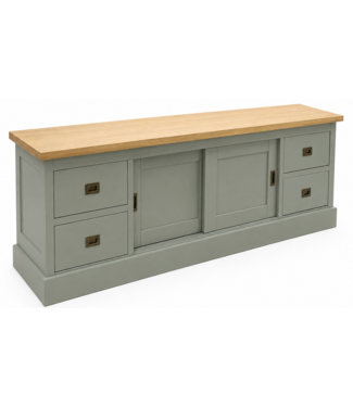 Kasten van de Koning TV dressoir Engels groen Gouda met eiken bovenblad 200 x 50 x 65cm