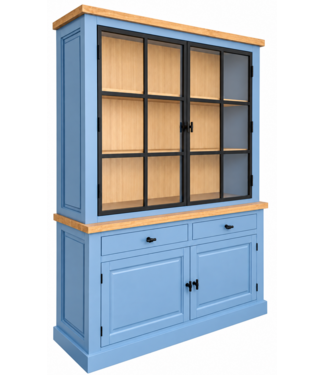 Kasten van de Koning Buffetkast Soest duifblauw met stalen deuren en eiken interieur en lijsten 150cm
