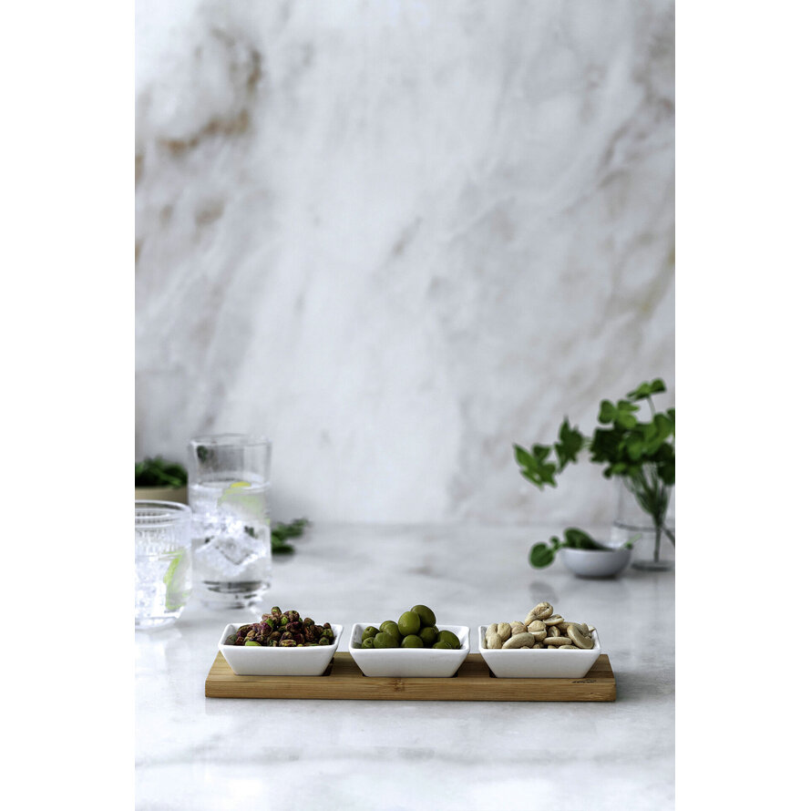 Serviertablett mit 3 Porzellanschälchen, quadratisch