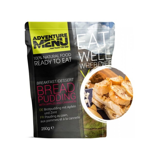 Adventure Menu Bread pudding with apples and cinnamon