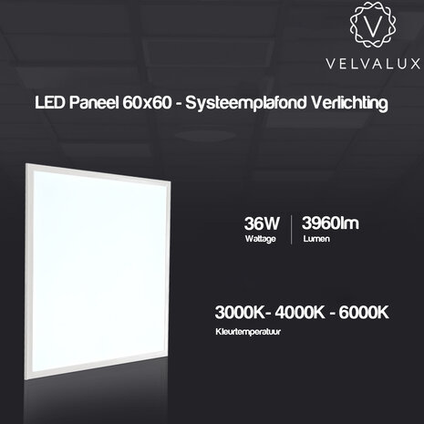 Velvalux Velvalux Lumis LED Paneel 60x60 - Inbouw, Warm Wit 2700K–3000K, 36W LED Downlight Velvalux Velvalux Lumis LED Paneel 60x60 - Inbouw, Warm Wit 2700K–3000K, 36W LED Downlight