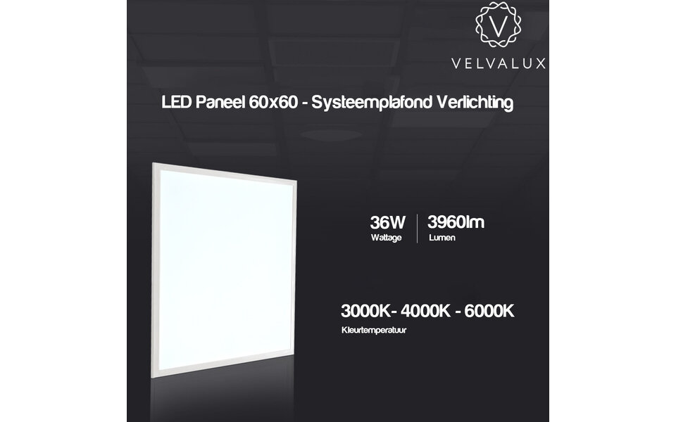 Velvalux Velvalux Lumis LED Paneel 60x60 - Inbouw, Warm Wit 2700K–3000K, 36W LED Downlight
