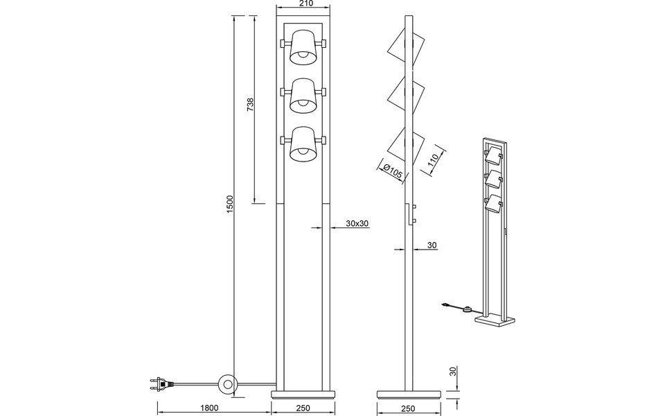 HLW LED LED Vloerlamp Trion Bimm - Antiek Nikkel, 3-lichts & Beam Angle Verstelbaar