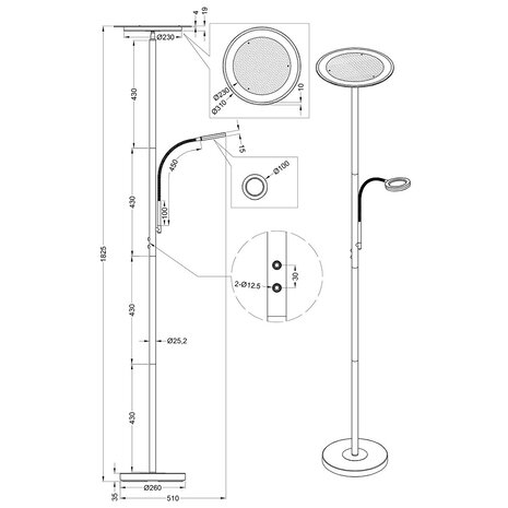 HLW LED Witte Dimbare LED Vloerlamp 18W - Warm Wit 2700K–3000K, Modern Rond Design