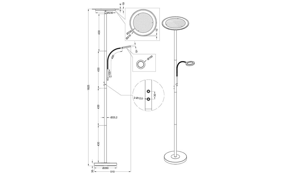HLW LED Witte Dimbare LED Vloerlamp 18W - Warm Wit 2700K–3000K, Modern Rond Design