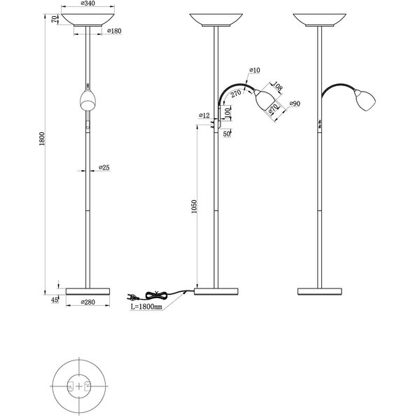 HLW LED LED Vloerlamp Trion Germin met E27 Fitting - Rond Design & Mat Nikkel