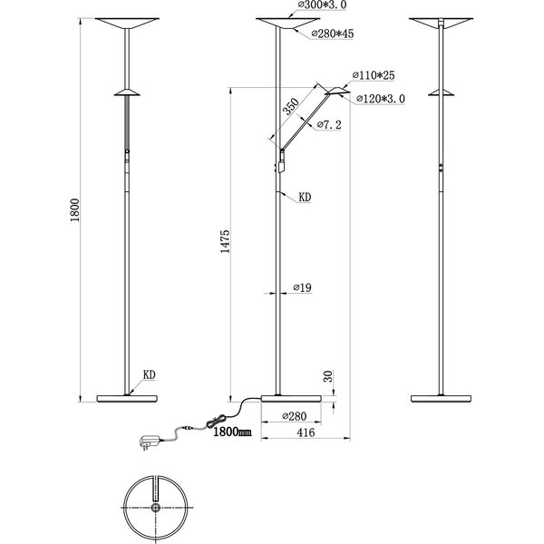 HLW LED Dimbare LED Vloerlamp 5W - Zwarte LED Lamp met Aanpasbare Kleur en Touch Dimmer