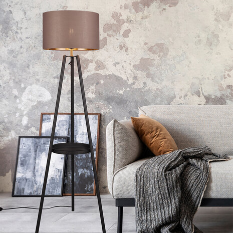 HLW LED LED Vloerlamp Trion Loet - Zwarte Metalen Vloerlamp met E27 Fitting en Taupe Lichtvenster