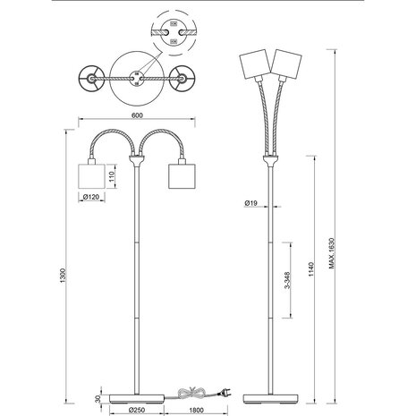 HLW LED LED Vloerlamp Trion Moty - 2-lichts Metalen Vloerlamp in Mat Zwart