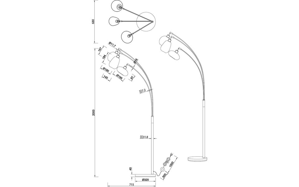 HLW LED LED Vloerlamp Trion Lidia - 3-lichts Mat Zwarte Metalen & Glazen Vloerlamp