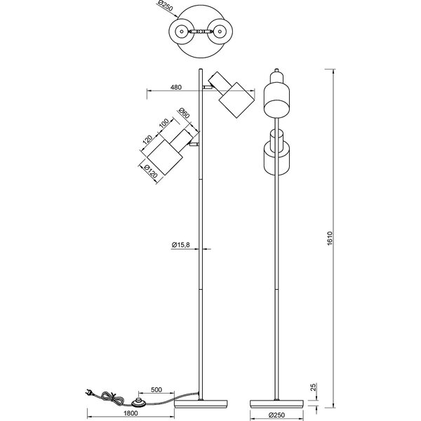 HLW LED LED Vloerlamp Trion Guido - Metalen 2-lichts vloerlamp met IP20 en voetschakelaar