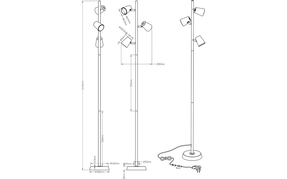 HLW LED Dimbare LED Vloerlamp Trion Narca - Warm Wit 2700K-3000K, Mat Nikkel, 3-lichts