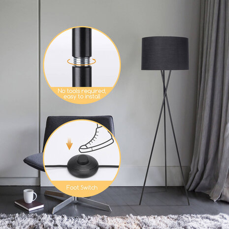 HLW LED LED Vloerlamp Aigi Romino - Zwarte Vloerlamp met E27 Fitting en Voetschakelaar