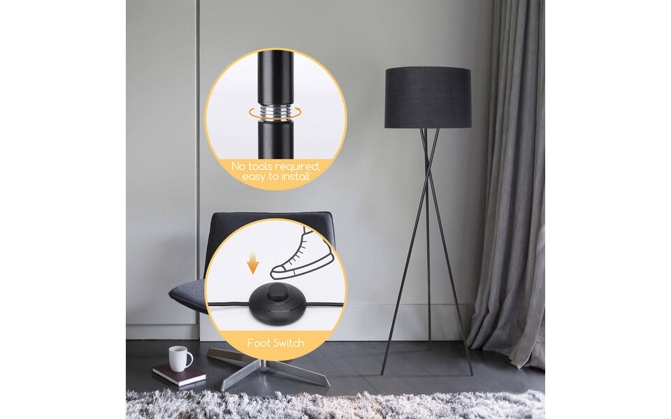 HLW LED LED Vloerlamp Aigi Romino - Zwarte Vloerlamp met E27 Fitting en Voetschakelaar