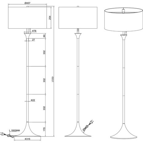 HLW LED LED Vloerlamp Trion Safari - Mat Zwart, 3-lichts Rond, E27 Fitting