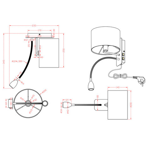HLW LED LED Wandlamp Trion Hotia - Mat Zwart, Warm Wit 3000K, 3W LED, Flexibele Arm