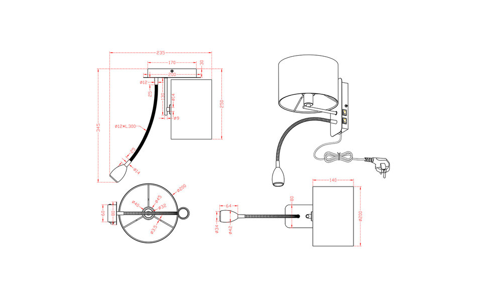 HLW LED LED Wandlamp Trion Hotia - Mat Zwart, Warm Wit 3000K, 3W LED, Flexibele Arm