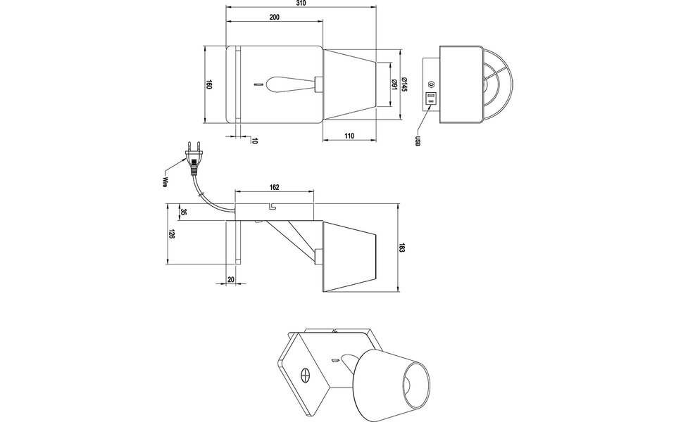 HLW LED LED Wandlamp Trion Rahat met inductief laadstation - Mat Zwarte metalen vloerlamp, IP20