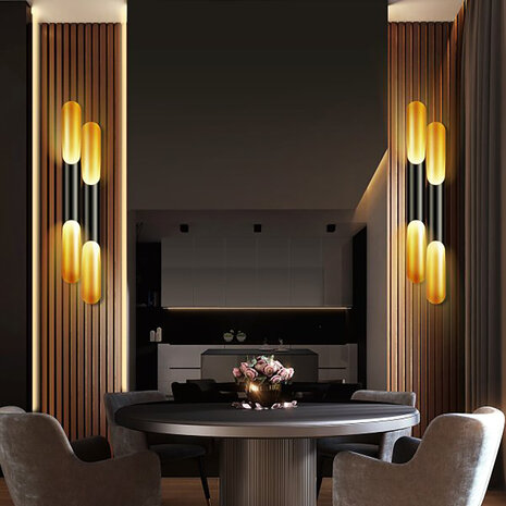 HLW LED LED Wandlamp Mat Zwart/Gouden Design - 4-lichts Up & Down LED Vloerlamp HLW LED LED Wandlamp Mat Zwart/Gouden Design - 4-lichts Up & Down LED Vloerlamp