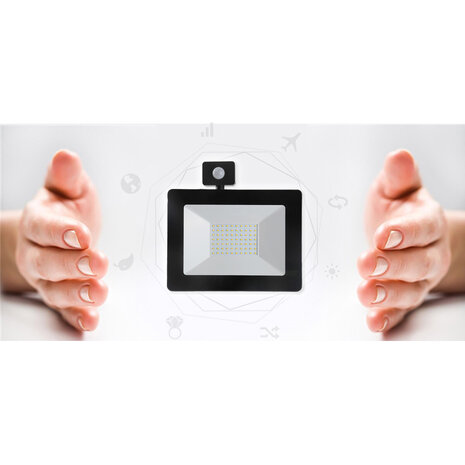 HLW LED LED Bouwlamp & LED Wandlamp met Sensor - 100W, IP65 Waterdicht, Neutraal Wit, Mat Zwart