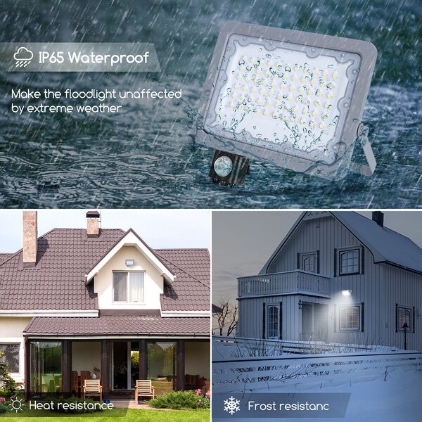 HLW LED Waterdichte LED Bouwlamp 50W met Sensor, Koud Wit 6500K - Aluminium