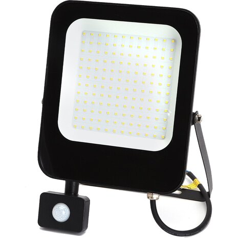 HLW LED LED Bouwlamp 100 Watt met Sensor - Mat Zwarte LED Bouwlamp, Waterdicht IP65, Neutraal Wit