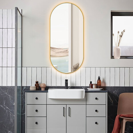 HLW LED LED Spiegel 50x100cm Goud | Verwarming & Dimbaar | 220-250V HLW LED LED Spiegel 50x100cm Goud | Verwarming & Dimbaar | 220-250V