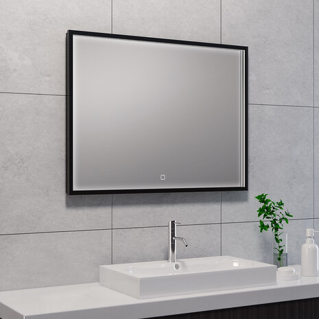 Wiesbaden LED Spiegel 80x60cm | 30W | Mat Zwart | Dimbaar, Verwarming Wiesbaden LED Spiegel 80x60cm | 30W | Mat Zwart | Dimbaar, Verwarming
