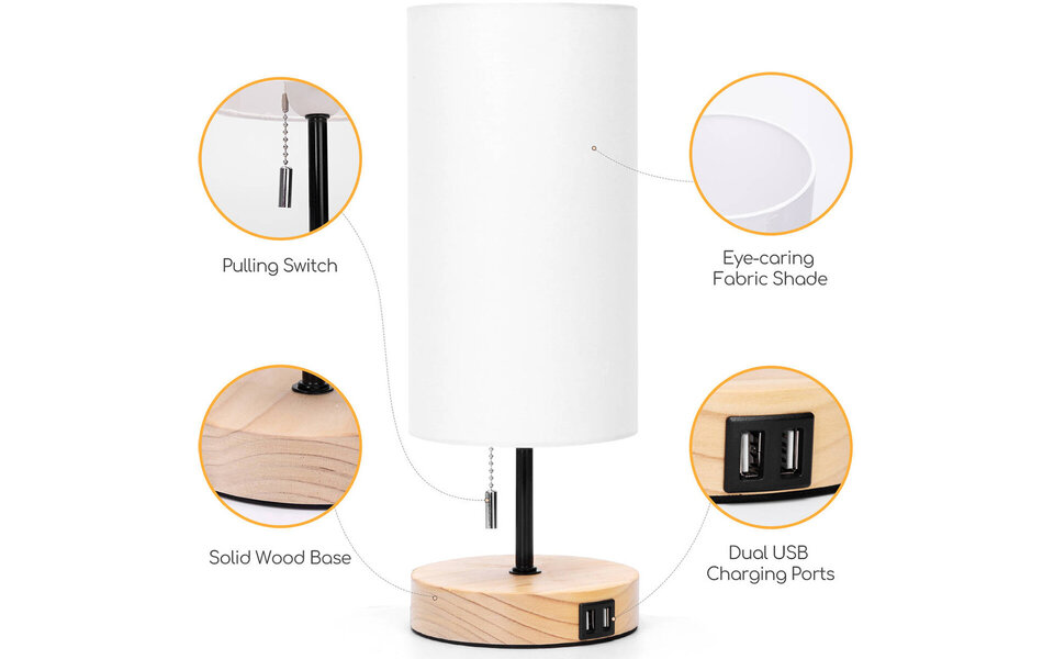 HLW LED LED Tafellamp Aigi Marcia met USB Oplaadfunctie - Rond Houten Design, E27 Fitting