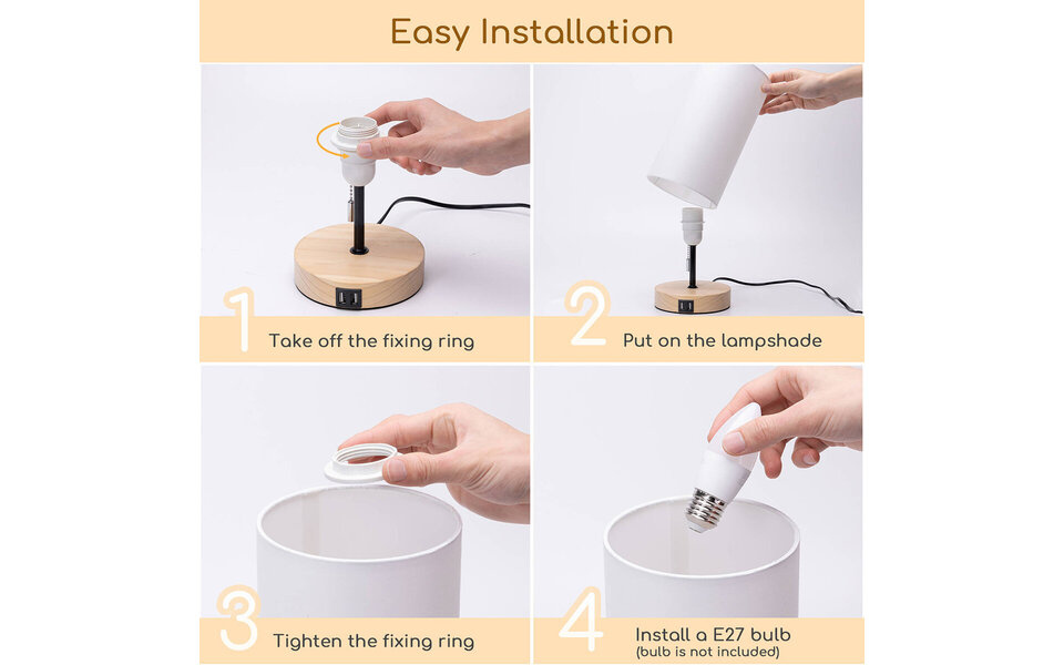 HLW LED LED Tafellamp Aigi Marcia met USB Oplaadfunctie - Rond Houten Design, E27 Fitting