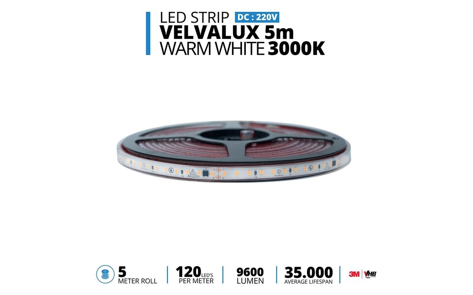 Velvalux Dimbare LED Strip 5 Meter - Warm Wit 3000K - Waterdicht IP67