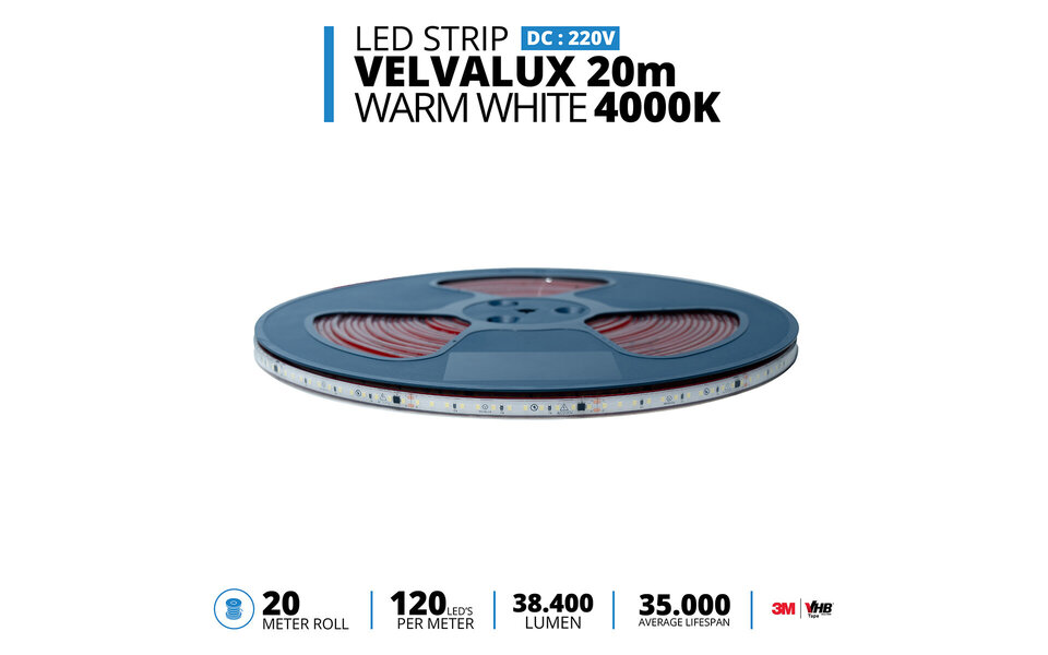 Velvalux Dimbare LED Strip 20m - Natuurlijk Wit 4000K - Waterdicht IP67